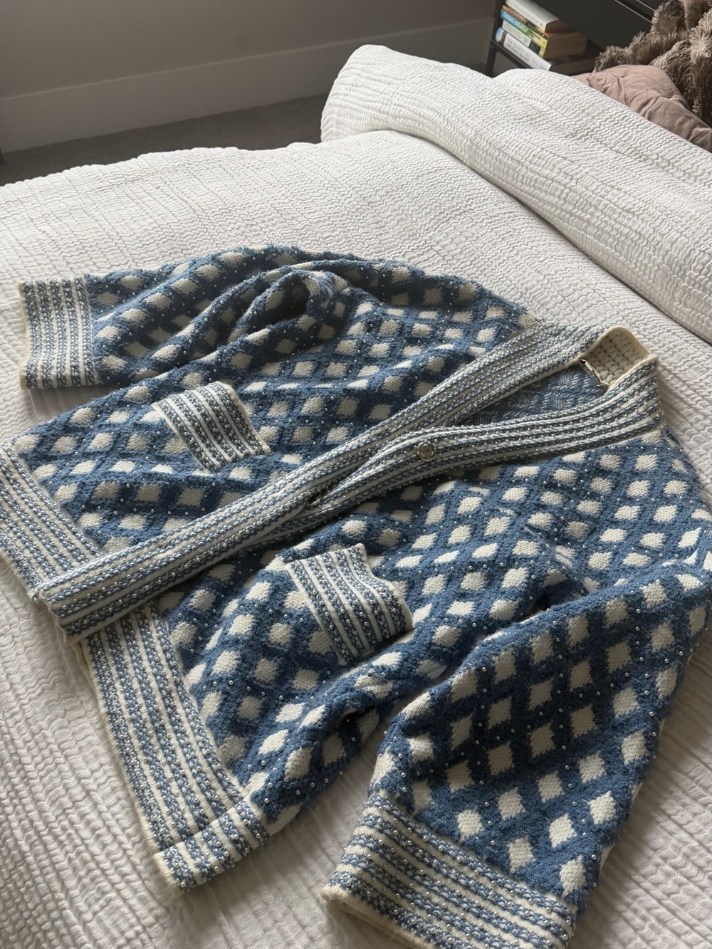 Blue & Ivory Pearl Embellished Knit Cardigan | Boutique | Size Small